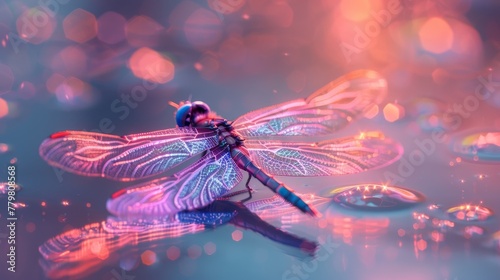 An ethereal neon dragonfly hovering over a tranquil pond © MAY