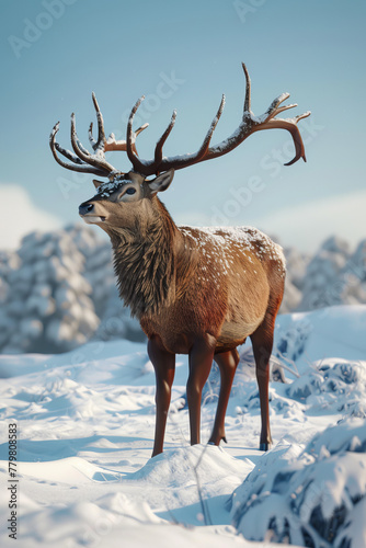 A deer stands in the snow with its antlers pointing to the sky