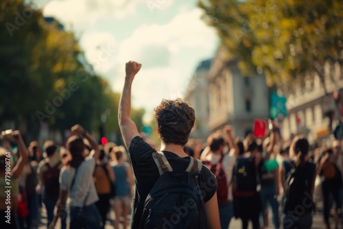 Back view of a young protester with raised fist amidst a crowd at a street demonstration, conveying activism and solidarity. © Victoriia