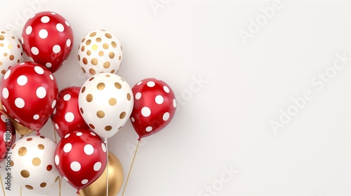 Cluster of polka-dotted and gold balloons on a light background