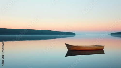 A small boat sits in the middle of a large body of water
