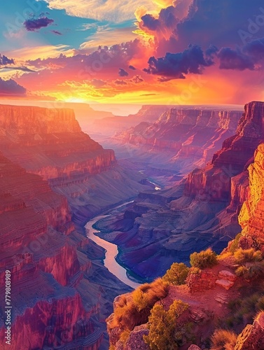 Grand Canyon at sunset, vibrant colors illuminating the vast expanse, a staple of National Geographic's epic landscapes.