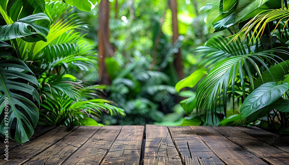 Wooden platform in tropical forest for product presentation and green wall. Wooden platform in tropical forest for product presentation and green wall.