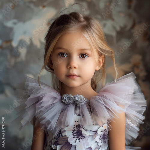 A young girl with short blonde hair, in an elegant lavender dress decorated with delicate floral patterns and ruffled sleeves. It has a pink ribbon around the waist which adds to the charm of the outf photo
