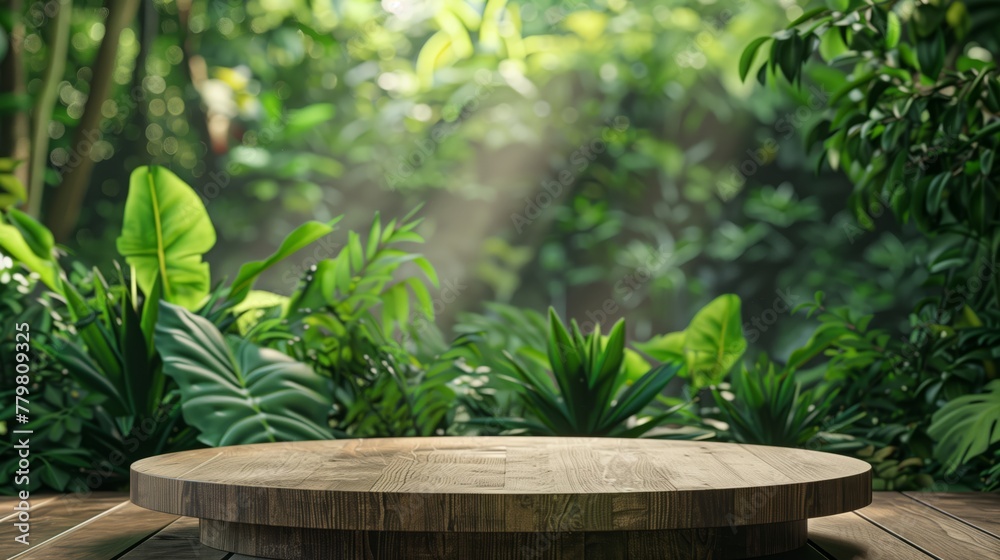 a serene wooden platform nestled within an enchanted forest clearing. Surrounded by lush greenery and dappled sunlight filtering through the dense canopy above. a serene wooden platform nestled within an enchanted forest clearing. Surrounded by lush greenery and dappled sunlight filtering through the dense canopy above.