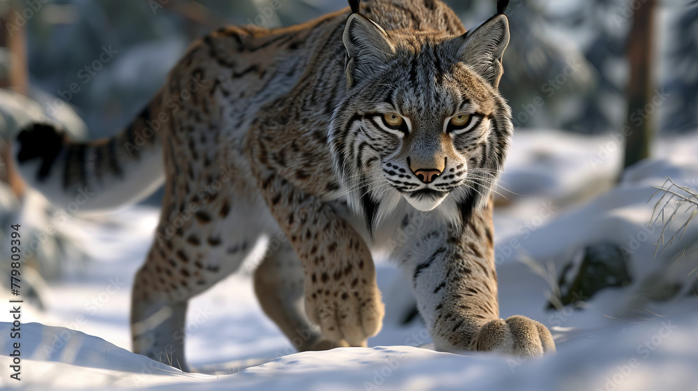 A large cat is walking through the snow A large cat is walking through the snow