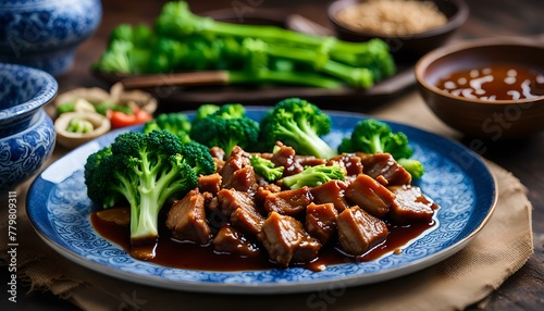 Dong Po Rou (Dongpo pork meat) in a beautiful blue plate with green broccoli vegetable, traditional festive food for Chinese new year cuisine meal, close up.
 photo