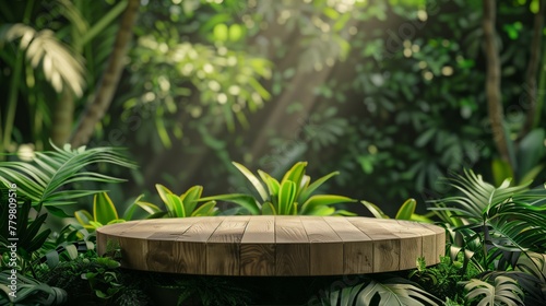 a serene wooden platform nestled within an enchanted forest clearing. Surrounded by lush greenery and dappled sunlight filtering through the dense canopy above.