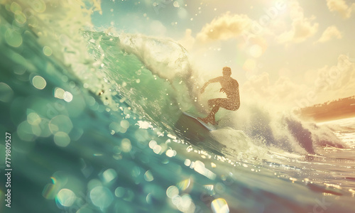 A surfer riding on the the turquoise sea. 