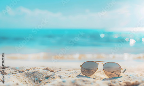 Sun glasses on the beach with turquoise sea background.