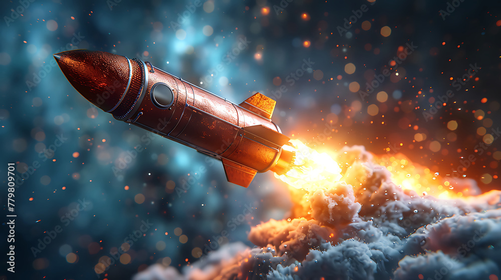 Launch of a red rocket isolated on clear background, made of precious metal. Successful start concept. Generative Ai Launch of a red rocket isolated on clear background, made of precious metal. Successful start concept. Generative Ai