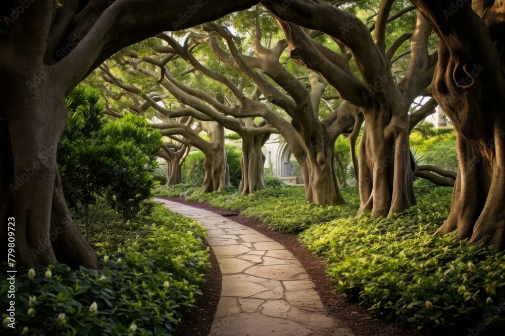 Charming Paths trees backyard house. Garden outdoor. Generate Ai