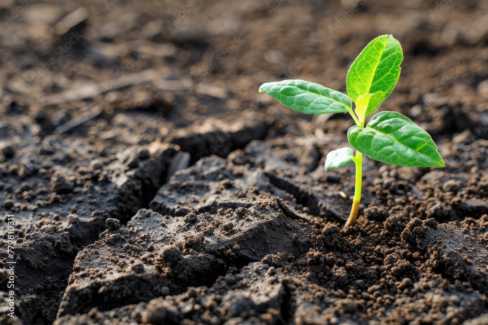 A cracked soil background with a green sprout A cracked soil background with a green sprout