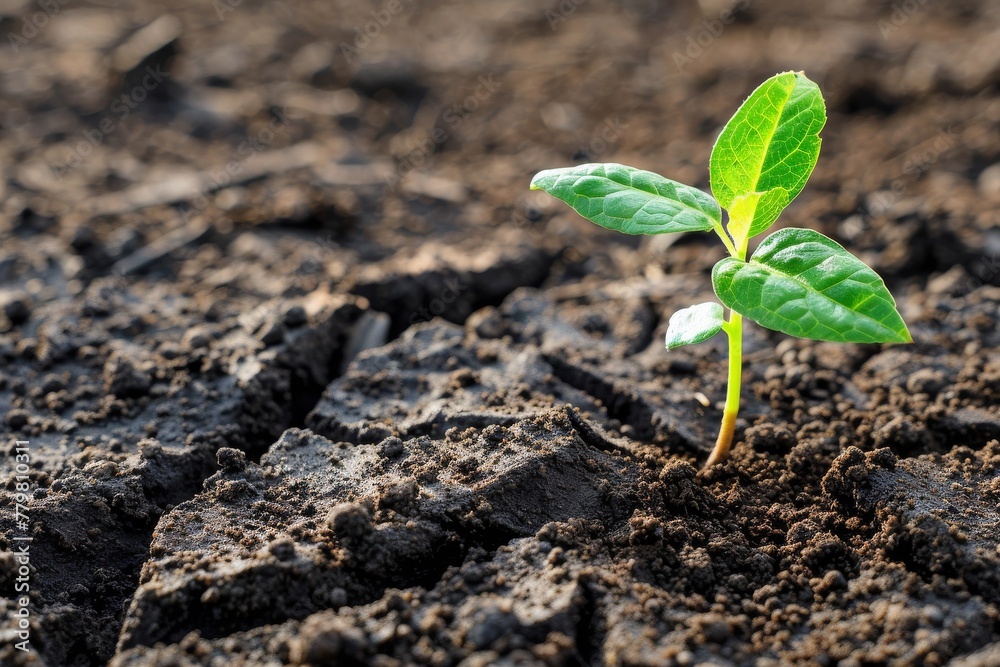 A cracked soil background with a green sprout - obrazy, fototapety, plakaty 