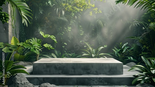 Box stone podium product in a serene view of a misty tropical jungle  bathed in soft natural light with sunbeams filtering through the dense  lush green foliage.