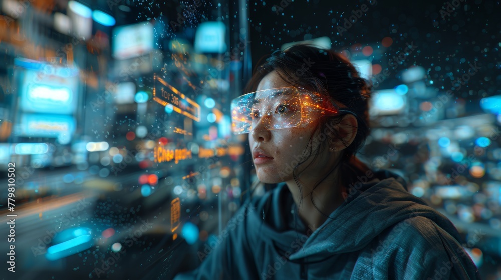 Asian young woman with virtual reality glasses stands immersed in a vibrant, digital cityscape with futuristic visuals. Asian young woman with virtual reality glasses stands immersed in a vibrant, digital cityscape with futuristic visuals.