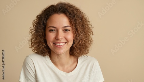 Beautiful woman with frizzy hair, gentle smile, healthy skin, People, emotions