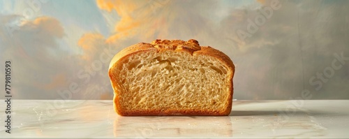 A half-eaten loaf of bread on a plain surface