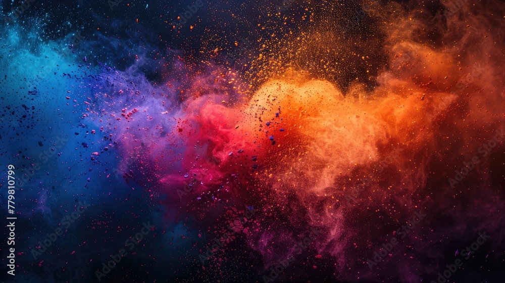 Colorful abstract powder explosion on black background. Colorful dust cloud.
