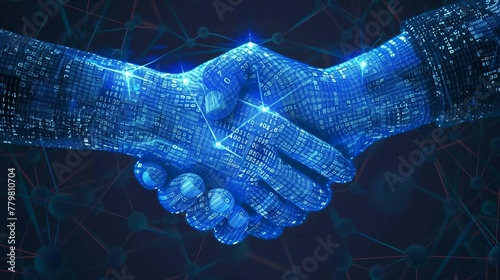 digital blue handshake with glowing binary code, artificial intelligence in virtual business transactions, commitment deal or partnership, secure authentication protocols. 