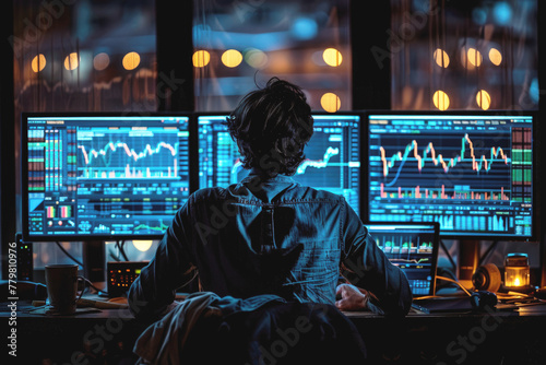 An investor, trader, middle-aged man carefully monitors financial charts on monitors. Concept of financial market, investment, stock exchange and stock trading.