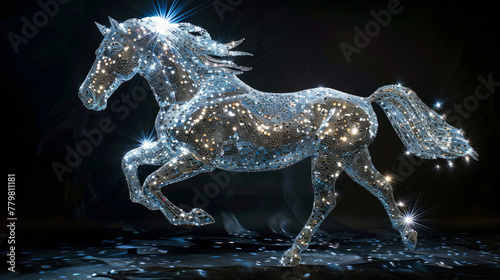 Graziosa statuetta di unicorno ornata di dettagli scintillanti e catturata in una posa dinamica su uno sfondo scuro illuminato da bokeh