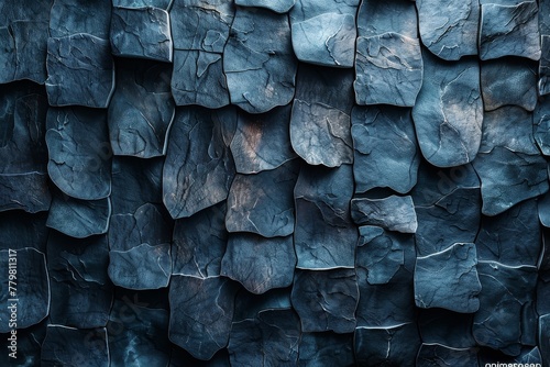 Detailed view of an abstract arrangement of stony slates with varying sizes exhibiting cool blue hues photo