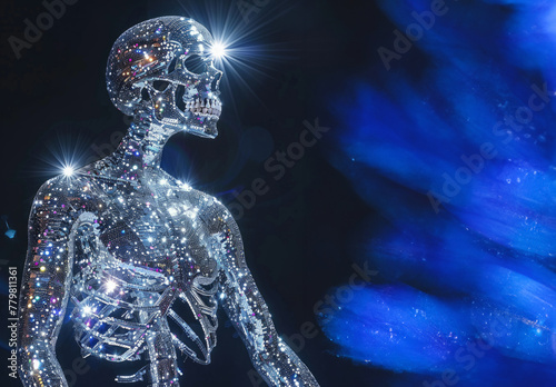 Figura umanoide o scheletro  in cristallo scintillante illuminata su uno sfondo scuro, pose differenti , simbolo dell'evoluzione high-tech photo