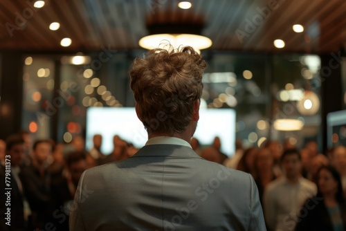 Focused businessman presenting to colleagues at a corporate conference event, with a high-end atmosphere and professional setting.