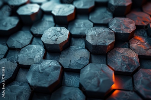 Intense red light seeps through the edges of dark hexagonal shapes giving a futuristic and powerful image photo
