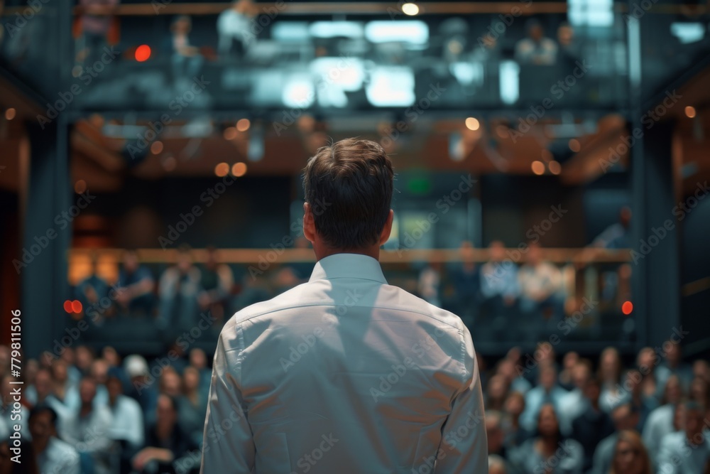 Rear view of a businessman speaking at a podium with an attentive audience in conference room setting. Rear view of a businessman speaking at a podium with an attentive audience in conference room setting.