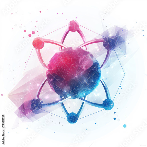 Raffigurazione poligonale contemporanea di un simbolo dell'atomo con un design vivace e colorato su uno sfondo bianco. photo