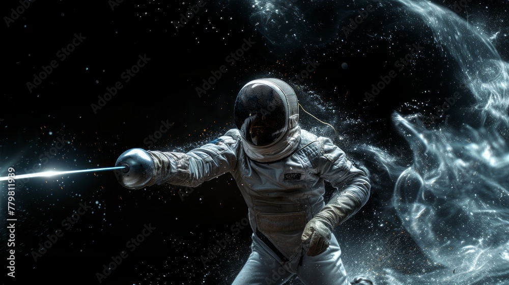 Cnceptual portrait of an astronaut dressed as a fencer wielding an epee, set against a starry space backdrop with dynamic light effects.