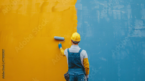 A painter in protective gear with a roller paints a blue wall turning it into yellow, mid-process photo