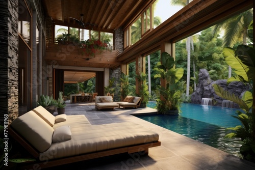 The interior of a luxury villa with a swimming pool  a tropical resort  palm trees