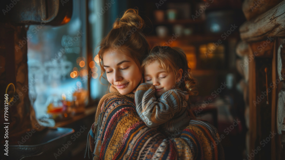Young mother lovingly tucks in her child, sharing a tender moment in a cozy, warm indoor setting. Young mother lovingly tucks in her child, sharing a tender moment in a cozy, warm indoor setting.