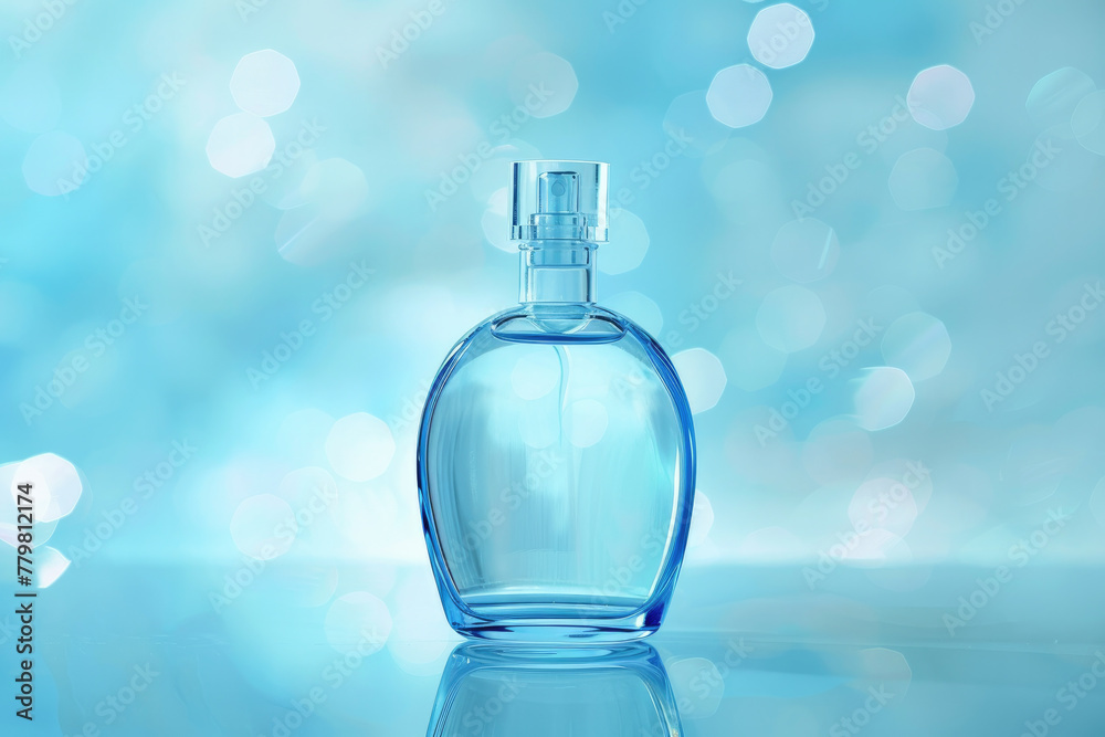 An enchanting clear perfume bottle with an ethereal soft blue bokeh backdrop, highlighting the allure and purity of the product An enchanting clear perfume bottle with an ethereal soft blue bokeh backdrop, highlighting the allure and purity of the product