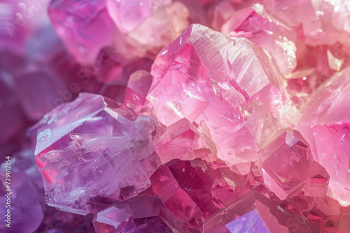 A close up of pink crystals with a pink background. The crystals are arranged in a way that creates a sense of depth and texture