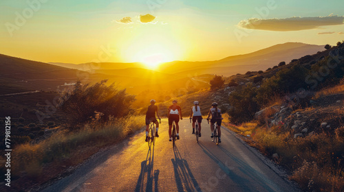 A group of cyclists enjoying a ride through rolling hills during a picturesque sunset, depicting an active outdoor lifestyle © SerPak
