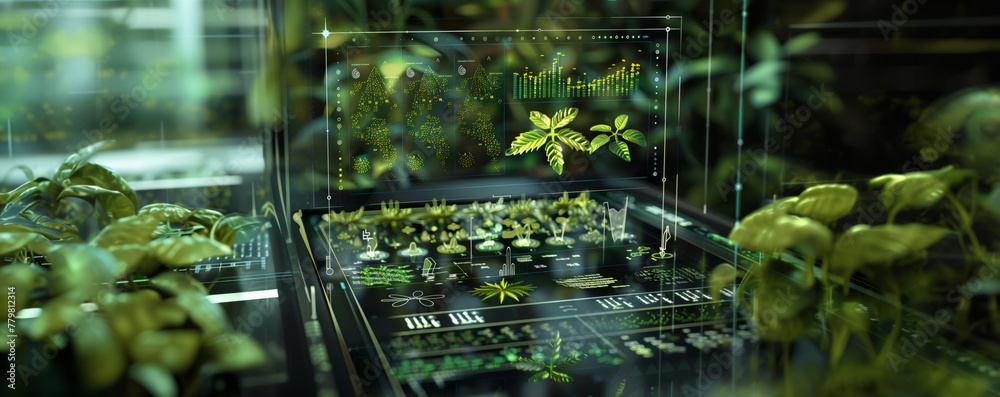 Plant identifier. Botanic, ecology, green research abstract. electronics in green research. - obrazy, fototapety, plakaty 