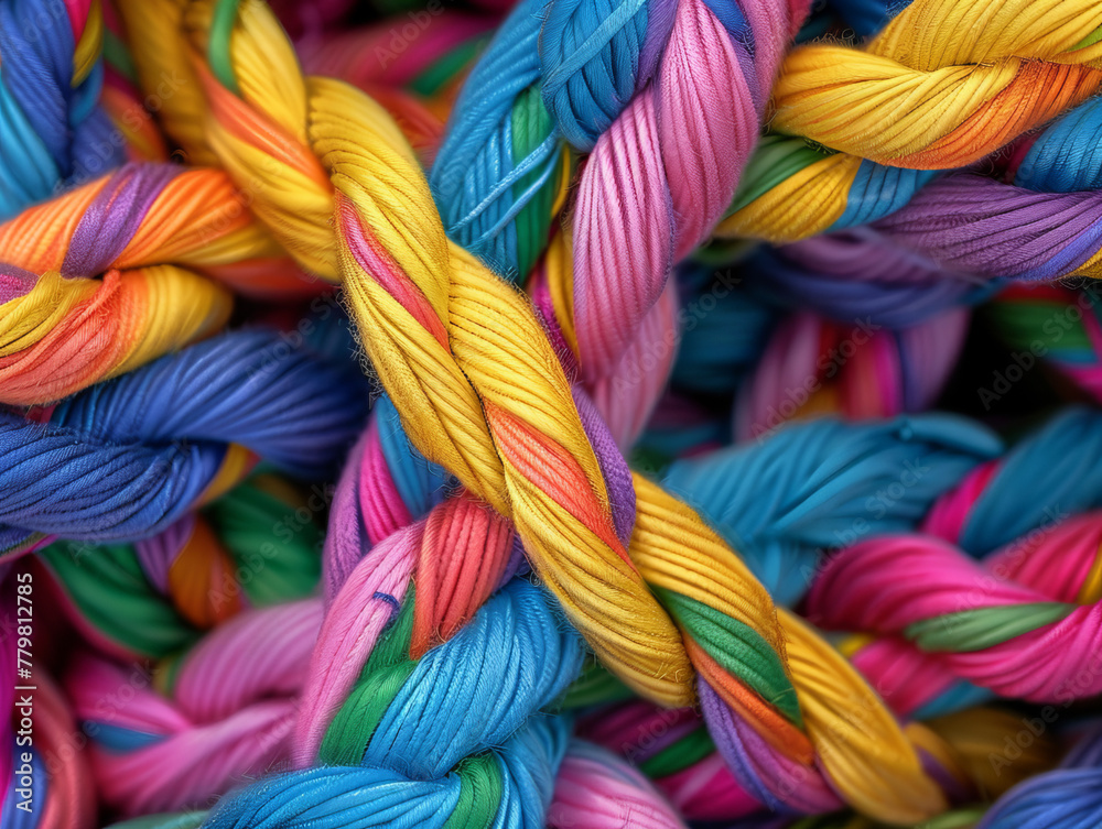 A bunch of colorful yarn is twisted together