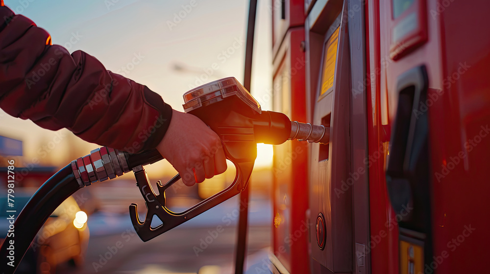 Close up of A man's hand is holding a gas dispenser