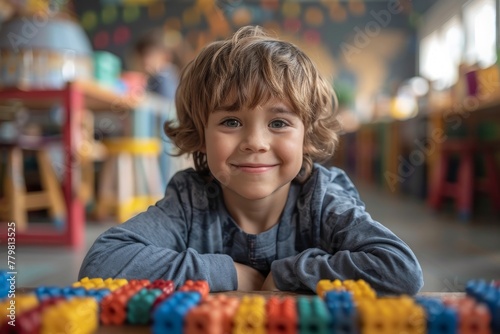 A charming boy is smiling while playing at a colorful educational activity table in a school setting