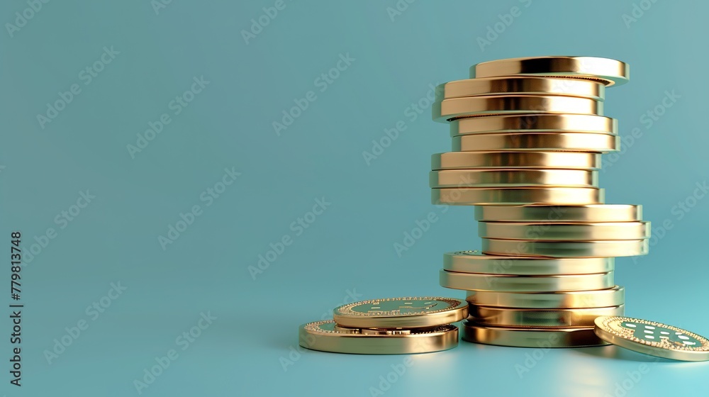 Stack of Golden Coins Isolated on Blue ,Generative ai, Stack of Golden Coins Isolated on Blue ,Generative ai,