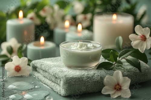 A serene spa setup featuring lit candles  white cream in a bowl  and fresh flowers  evoking relaxation and self-care