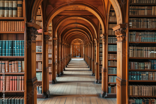A long, narrow library with many bookshelves photo