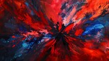 Scarlet red and electric blue burst forth, creating a dramatic and intense abstract display reminiscent of a fiery explosion.