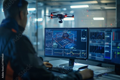 Technician Monitoring Drone Flight Path on Computer Screens