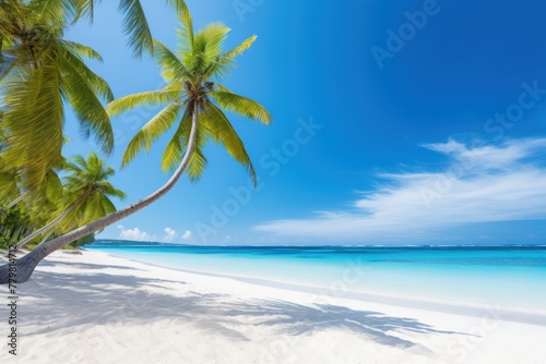 A beautiful tropical beach  coconut palms by the sea with turquoise water  a paradise island  a seaside resort. Summer background.