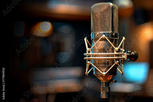 Professional microphone studio podcast stream interview platform radio with micrecording voice singing in bright record studio audio quality equipment content music media entertainment